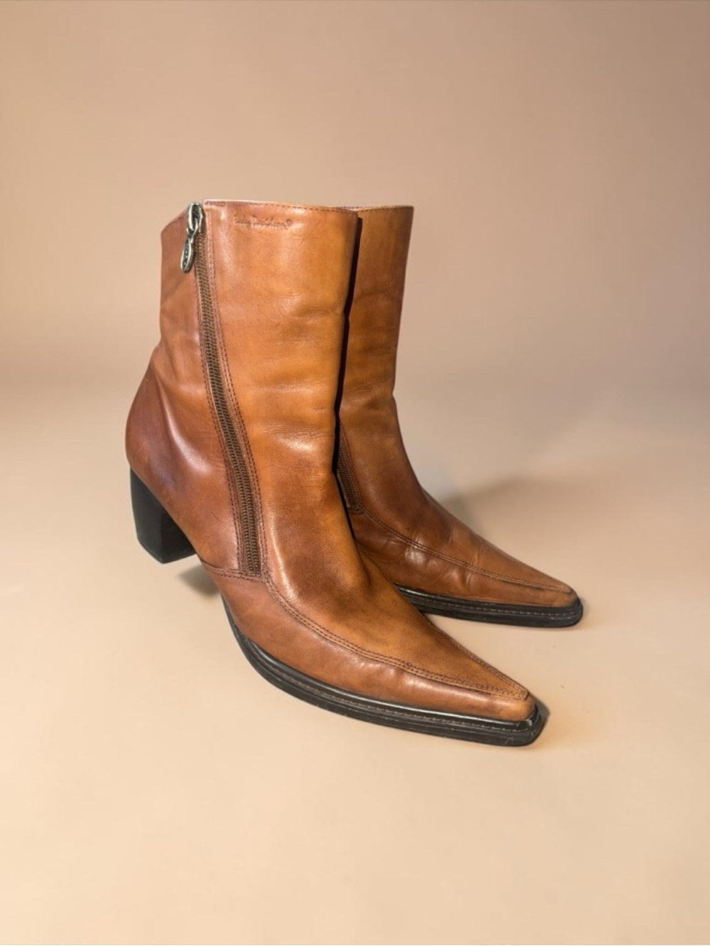 Harley-Davidson Brown Leather Dual Zip Up Squared Pointed Toe Boots Sz 9 - Picture 3 of 13
